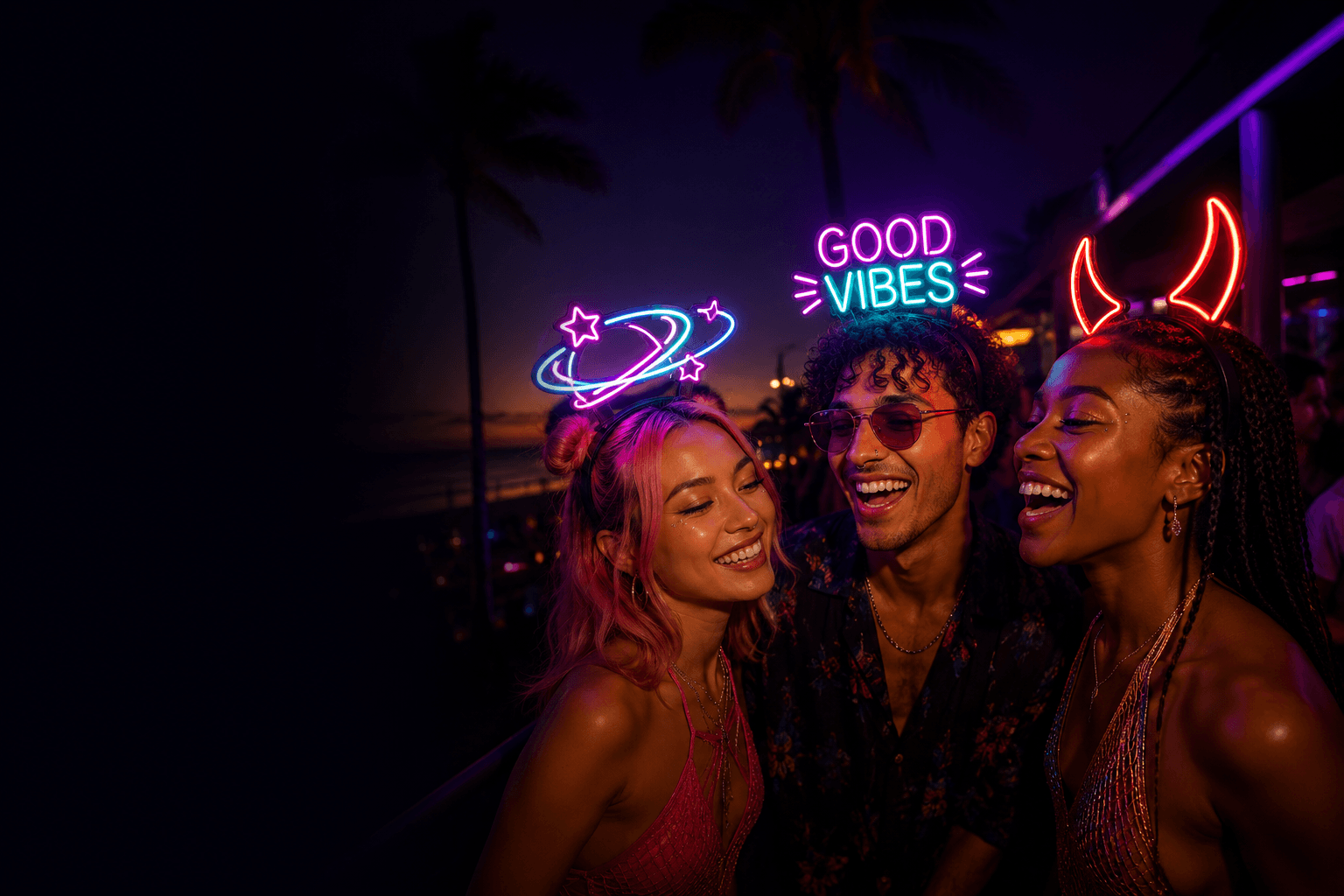 Friends wearing neon headbands at a night-time gathering