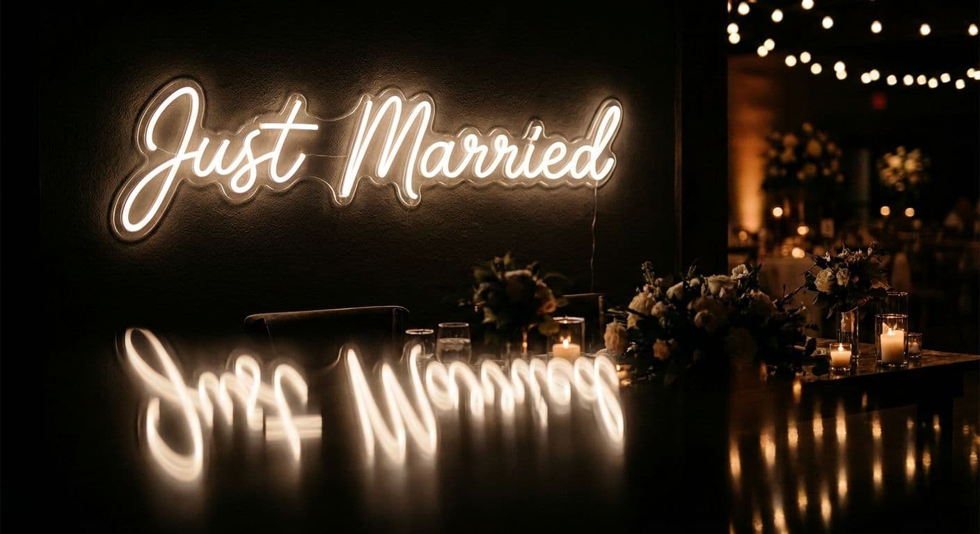 Just Married neon sign at a wedding reception
