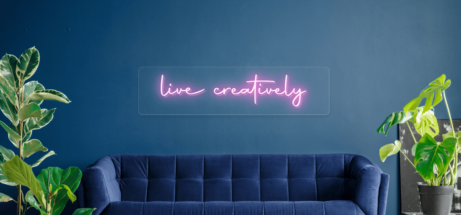 Home Sweet Home neon sign styled in a living room
