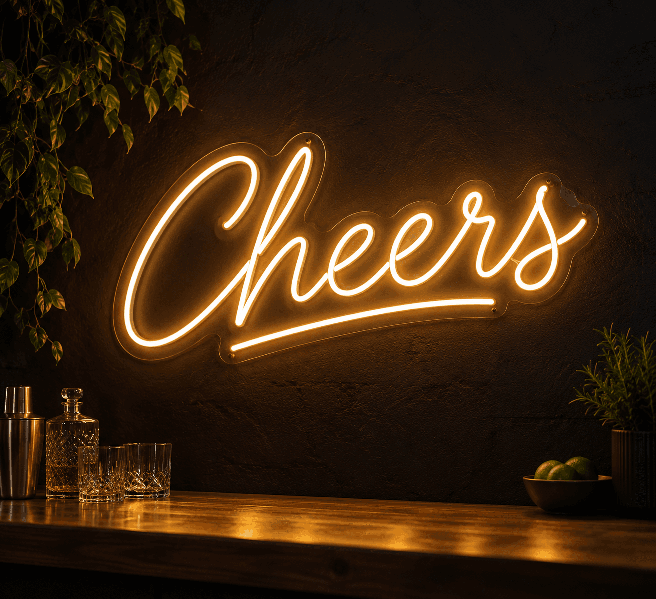 Cheers neon sign lit up in a bar