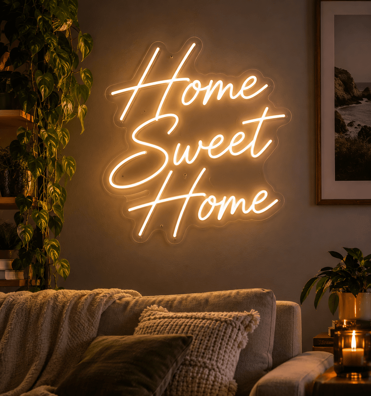 Home Sweet Home neon sign styled in a living room