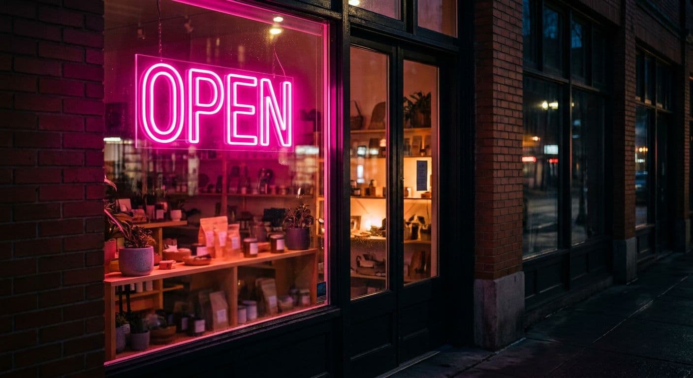 Hot pink OPEN LED neon sign in a dark shopfront window at night