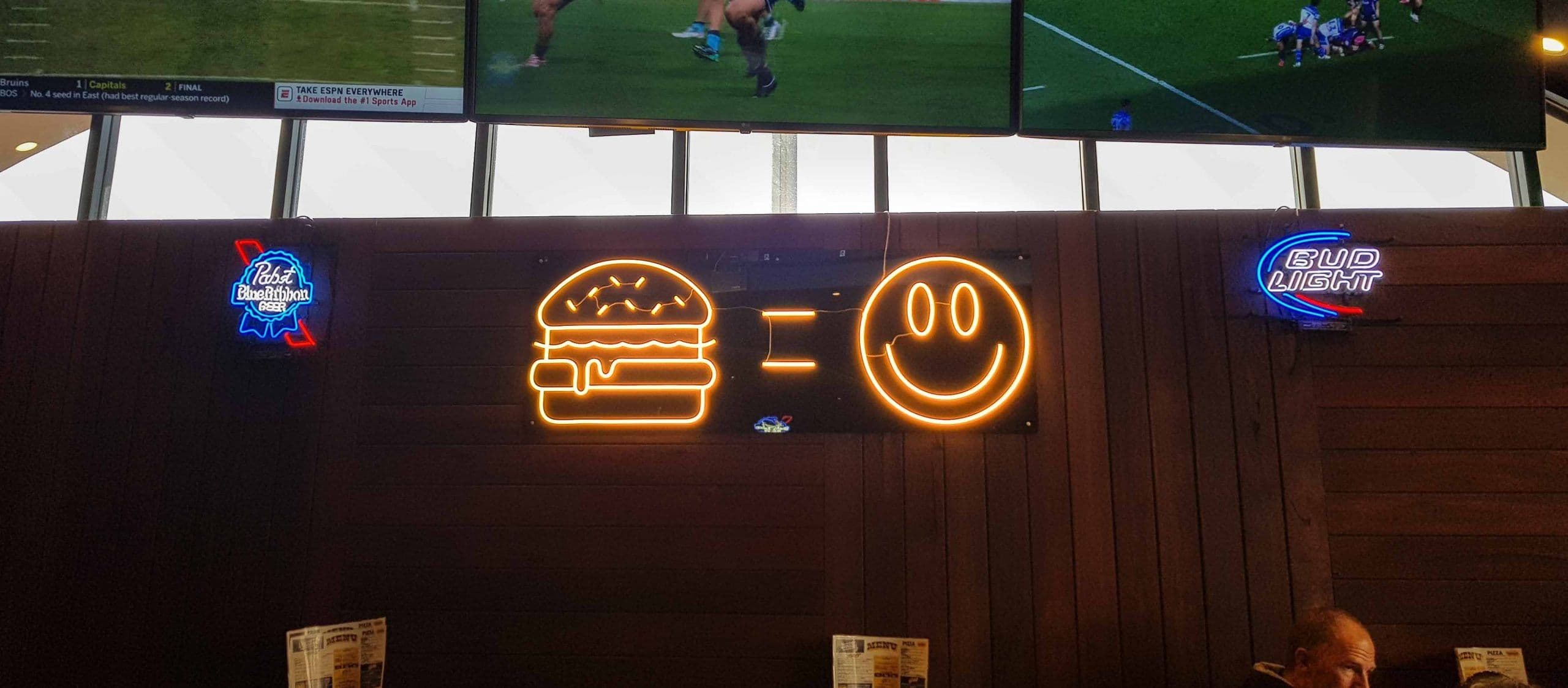"Burger equals happy" LED neon sign